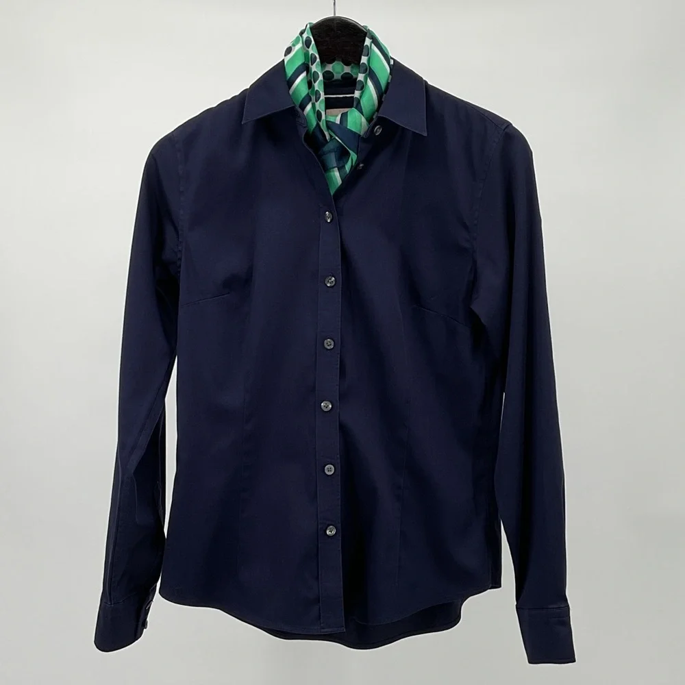 Banana Republic Button Front Shirt Navy Size 8 Stretch Cotton Tailored Fit - Picture 2 of 12